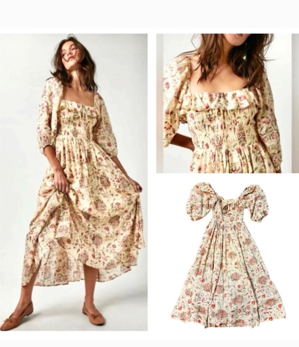 NWOT Free People Bali Juniper Floral Midi Sundress Puff Sleeve Smocked Beige 12